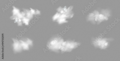 Realistic white fluffy clouds with fog or light smoke effect on a transparent background. Misty atmosphere element for overlaying on images, dramatic scenes or weather visual effects.