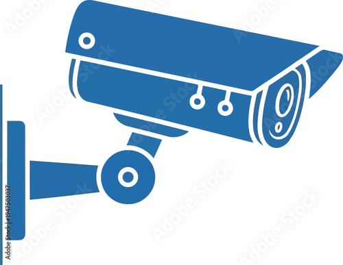 A blue and white security camera on a wall
