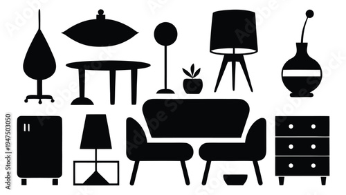 Black silhouette furniture icons including chairs, tables, and lamps are arranged in two horizontal rows against a solid white background.