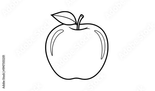 Black and white apple vector colouring page illustration with stem and leaf isolated