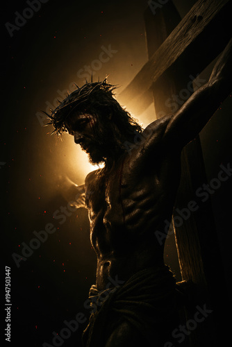 Jesus Christ on the cross, wearing a crown of thorns, in dramatic lighting