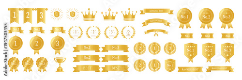 Gold Ranking Award Badge Collection. Winner Medal Prize Icon with Ribbon, Crown Decoration, Golden Banner, Best Champion Shiny Emblem, Victory Vintage 1st Place Crest Premium Sticker Frame Vector Set.