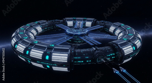 Futuristic space station with glowing blue lights in a circular orbiting structure against a dark background