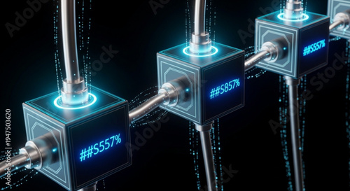 Glowing metallic cubes with digital screens and tubes futuristic technology concept with blue neon lights on black background symbolizing data transfer and connection
