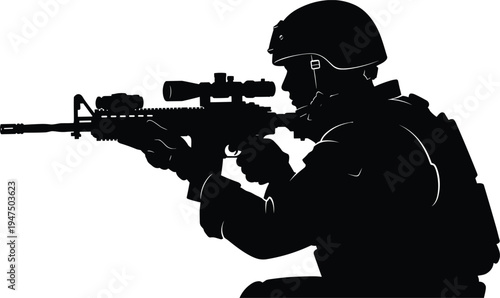 Armed soldier aiming assault rifle silhouette side view isolated black vector illustration representing modern 