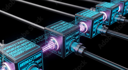 Futuristic data transmission cubes with glowing purple light beams and blue circuit boards on black background
