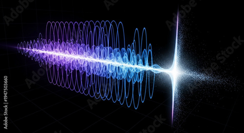 Vibrant purple and blue sound wave emanating from a glowing white light on a dark background representing energy and technology