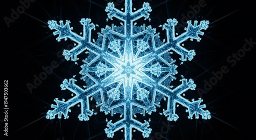 Glowing blue snowflake on black background intricate crystal formation winter wonderland scene frosty weather symbol cold climate element natural ice crystal shimmering frost