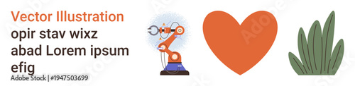 Robotics, automation, artificial intelligence, eco-friendliness, environmental awareness, human connection. a robot arm, red heart and green foliage. Robotics and eco-friendliness concepts