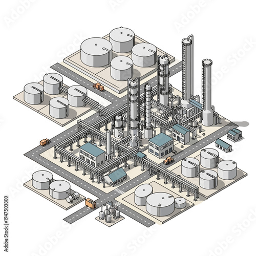 Isometric illustration of a complex industrial oil refinery with storage tanks and roads.