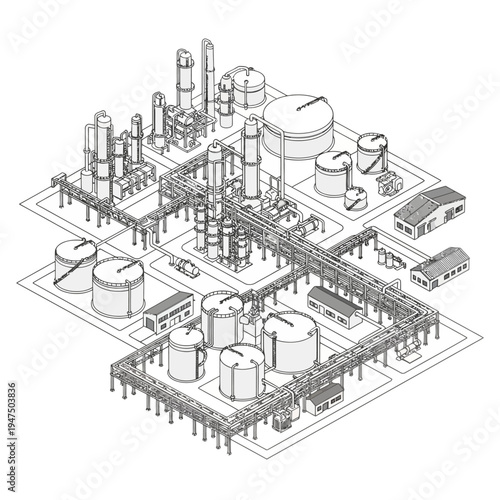 Isometric illustration of a complex industrial facility with tanks, pipes, and structures.
