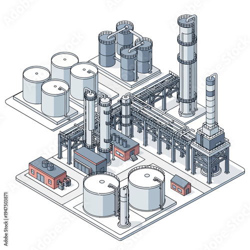 Isometric illustration of an industrial complex featuring storage tanks, towers, and pipelines.