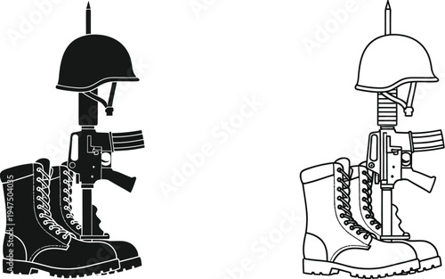 Military boots and guns with helmets Vector