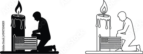 Man kneeling beside burning candle light Vector