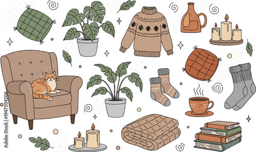 Cozy autumn hygge home elements set with armchair cat sweater plants candles tea books and warm socks flat vector illustration