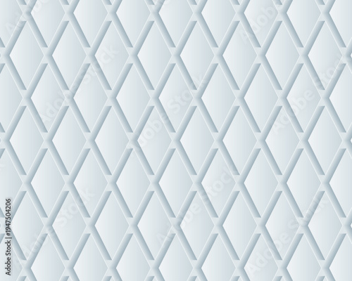 Seamless diamond lattice pattern in white 3D paper cut style with elongated crisscross lines, embossed depth, and soft shadows, modern minimal geometric vector background
