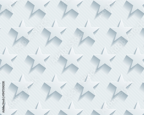 Seamless star pattern in white 3D paper cut style with embossed five point shapes, soft shadows, and diagonal striped texture, modern minimal abstract vector background