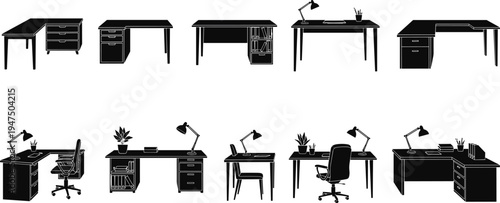 Black and white office desk silhouette vector set featuring workstation furniture, computer tables, executive desks with chairs, desk lamps, and corporate workplace interior design elements.