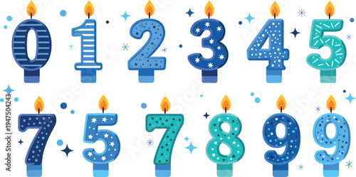 Cute Birthday Number Candles Vector Set with Decorative Digits Zero to Nine Party Celebration Candle Illustration Collection