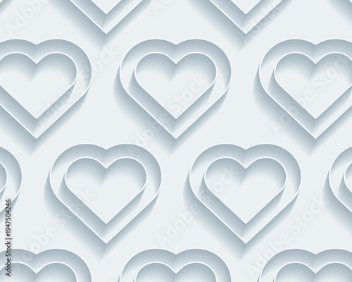 Seamless heart outline pattern in white 3D paper cut style with layered love symbols, embossed depth, and soft shadows, romantic minimal vector background for Valentine themes