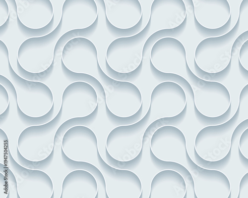 Seamless flowing S curve pattern in white 3D paper cut style with rounded capsule shapes, embossed depth, and soft shadows, elegant minimal abstract vector background