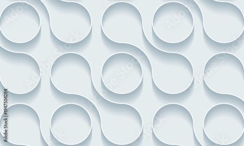 Seamless circle and comma shape pattern in white 3D paper cut style with oversized rounded forms, embossed depth, and soft shadows, modern minimal abstract vector background