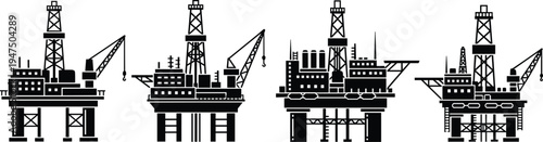 Black and white offshore oil rig silhouette vector set featuring gas platforms, petroleum drilling towers, industrial marine cranes, and ocean energy production facility icons.