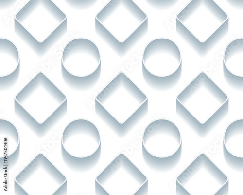Seamless circle and diamond pattern in white 3D paper cut style with embossed geometry and soft shadows on a clean minimal background, modern abstract vector wallpaper
