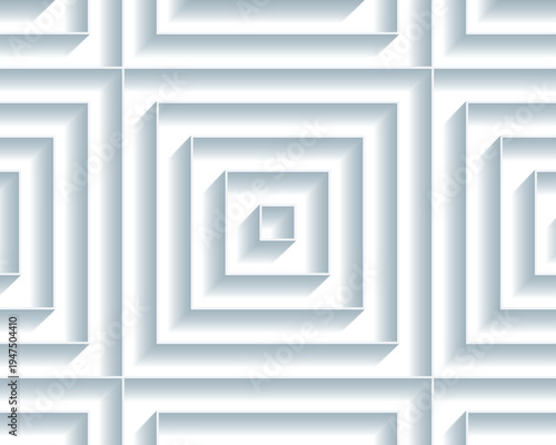 Seamless concentric square maze pattern in white 3D paper cut style with embossed layers and soft shadows, modern minimal geometric vector background