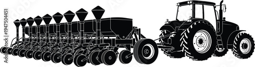 Black silhouette of a modern farm tractor pulling a heavy seed drill planter machine on white 