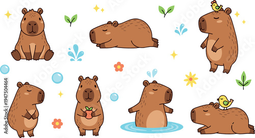 Cute cartoon capybara characters collection with funny poses relaxing sitting swimming and animal mascot illustrations flat vector set