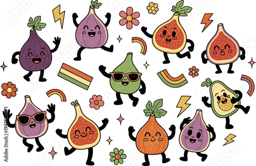 Cute cartoon fig characters collection with funny fruit mascots dancing illustration set