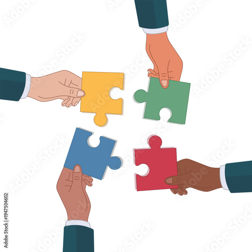 Business Teamwork Collaboration Concept with Hands Connecting Colorful Puzzle Pieces