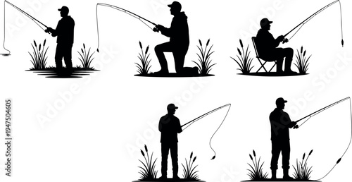 Fishing silhouette set showing anglers with rods standing kneeling and sitting near water reeds isolated vector illustration for outdoor recreation hobby sport activity concept