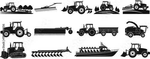 Collection of agricultural tractor and farm machinery silhouettes including plow rake harvester trailer and farming equipment icons isolated on white background for agriculture design