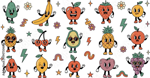 Cute cartoon fruit characters collection with apple banana strawberry pineapple avocado and other funny fruits colorful flat vector illustration