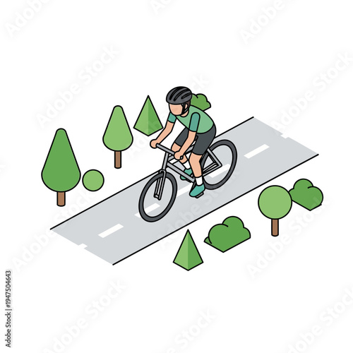 An isometric illustration of a person riding a bicycle on a paved road surrounded by trees and bushes.