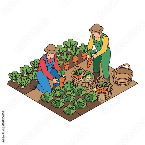 Two farmers harvesting carrots and vegetables in a garden, filling baskets with produce.