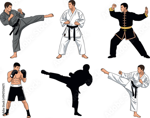 Martial arts fighters performing karate kicks, kung fu stance and boxing pose, vector illustration set of combat sport training, self defense practice and athletic action