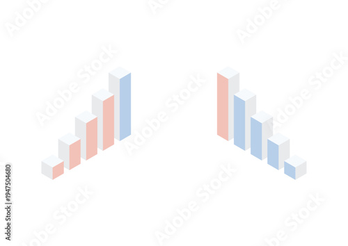 一番長い棒の色が異なるアイソメトリックな棒グラフのデザイン（レッド・ブルー）