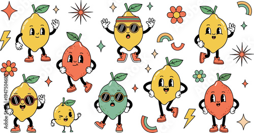 Cute cartoon fruit characters collection with funny citrus mascots illustration set