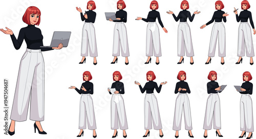 Professional businesswoman character set with laptop presenting gestures and communication poses modern corporate female illustration isolated on light background ideal for office and marketing design