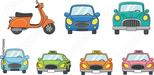 Set of colorful cartoon vehicles including scooter taxi and small cars isolated on light background playful transportation illustration ideal for children design and urban themes
