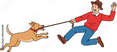 Cartoon illustration of a young man in a red sweater struggling to control his energetic dog pulling on a leash during a walk.