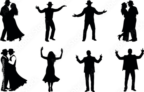 Silhouette collection of dancing couples and stylish performers in various expressive poses romantic social dance concept isolated on light background elegant movement illustration set