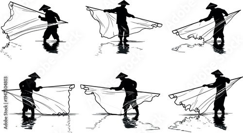 Silhouette fisherman casting traditional fishing net in shallow water collection of dynamic poses reflecting rural livelihood, coastal culture, manual labor, and artisanal fishing activity concept