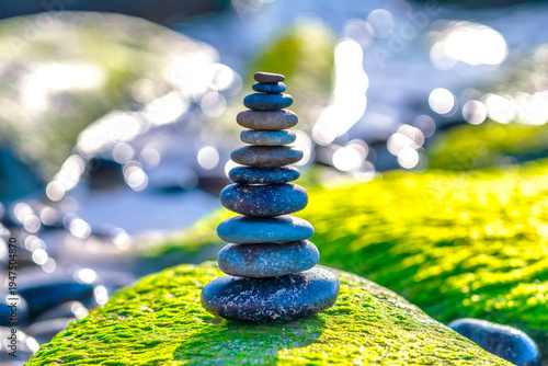 Wallpaper Mural Peaceful nature scene featuring a carefully balanced stack of smooth stones placed on a moss-covered rock.  Torontodigital.ca