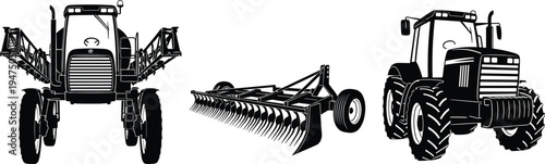 Collection of black silhouettes featuring modern farm machinery including a tractor crop sprayer and field plow for agricultural industry and heavy equipment vector designs.
