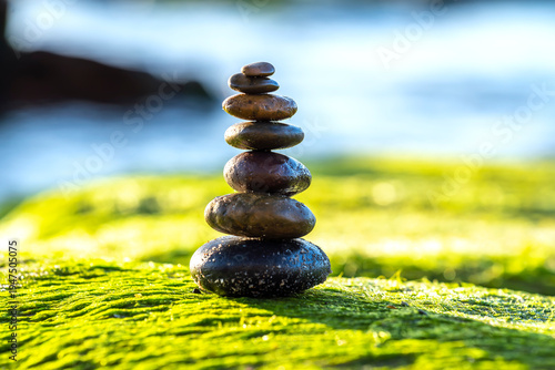 Wallpaper Mural Peaceful nature scene featuring a carefully balanced stack of smooth stones placed on a moss-covered rock.  Torontodigital.ca