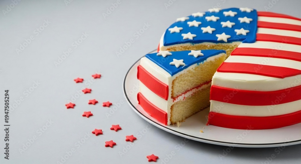 Obraz premium Patriotic american flag cake with red white and blue decorations